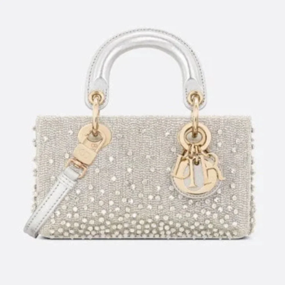 DIOR LADY D-JOY MICRO BAG SILVER-GOLD HW SATIN GRADIENT BEAD EMBROIDERY PRELOVED - Picture 1 of 13